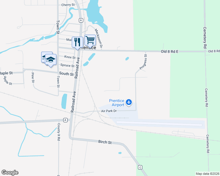 map of restaurants, bars, coffee shops, grocery stores, and more near 433 Greentree Drive in Prentice