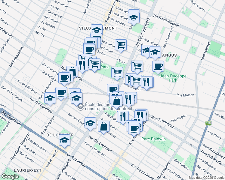 map of restaurants, bars, coffee shops, grocery stores, and more near 2530 Place Michel-Brault in Montreal