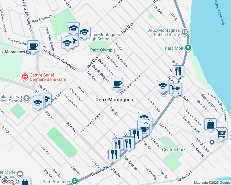 map of restaurants, bars, coffee shops, grocery stores, and more near 302A Rue du Régent in Deux-Montagnes
