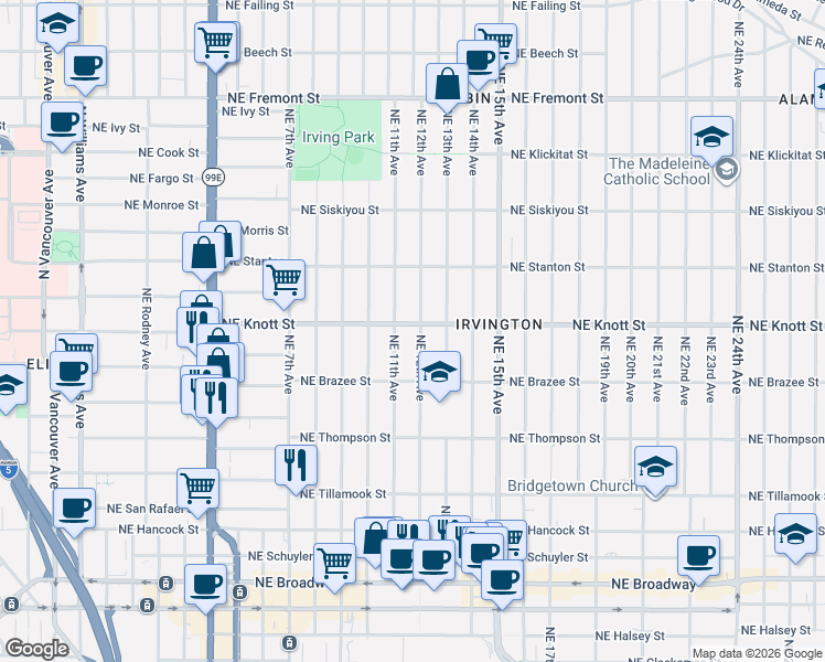 map of restaurants, bars, coffee shops, grocery stores, and more near 1128 Northeast Knott Street in Portland