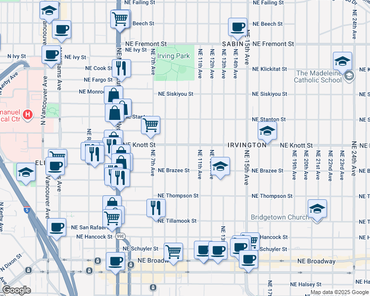 map of restaurants, bars, coffee shops, grocery stores, and more near 930 Northeast Knott Street in Portland