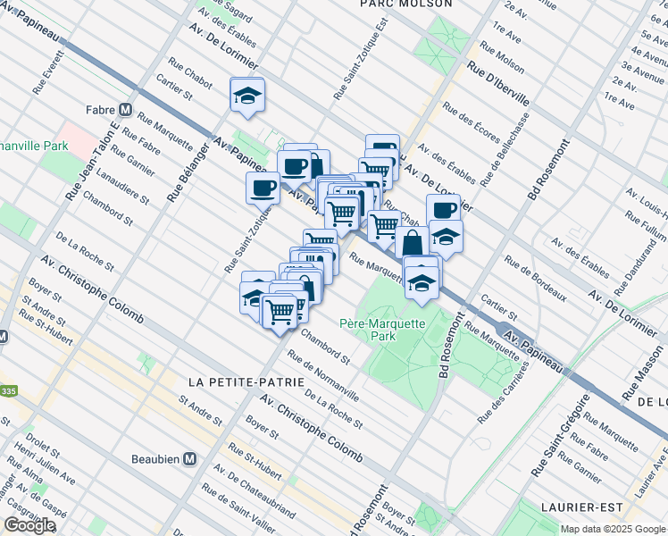 map of restaurants, bars, coffee shops, grocery stores, and more near 6505 Rue Fabre in Montreal