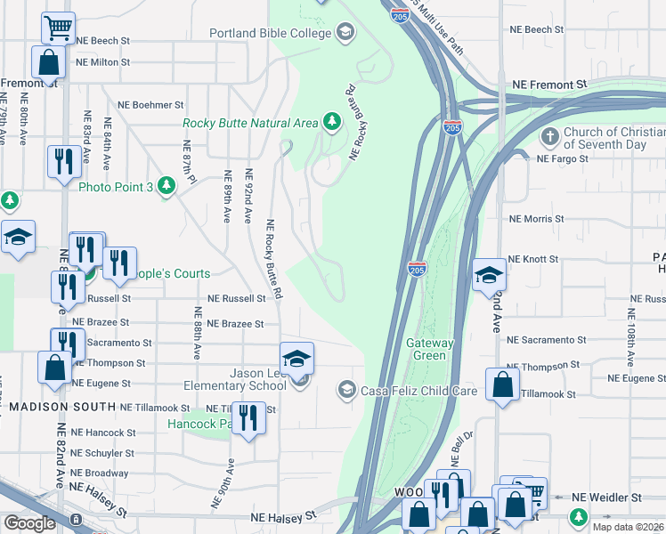map of restaurants, bars, coffee shops, grocery stores, and more near 3037 Northeast Rocky Butte Road in Portland