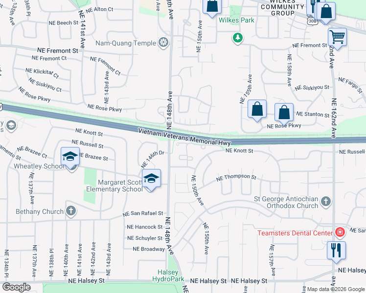 map of restaurants, bars, coffee shops, grocery stores, and more near 14859 Northeast Sacramento Street in Portland