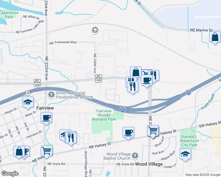 map of restaurants, bars, coffee shops, grocery stores, and more near 23200 Northeast Sandy Boulevard in Wood Village