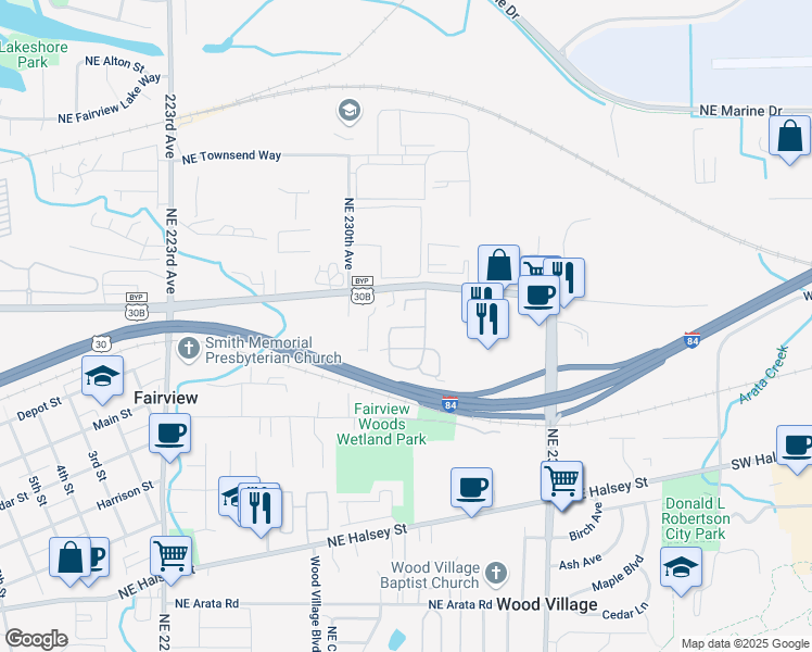 map of restaurants, bars, coffee shops, grocery stores, and more near 23200 Northeast Sandy Boulevard in Wood Village