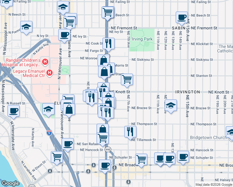 map of restaurants, bars, coffee shops, grocery stores, and more near 2650 Northeast Martin Luther King Junior Boulevard in Portland