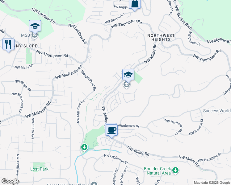 map of restaurants, bars, coffee shops, grocery stores, and more near 2527 Northwest Fern Ridge Drive in Portland