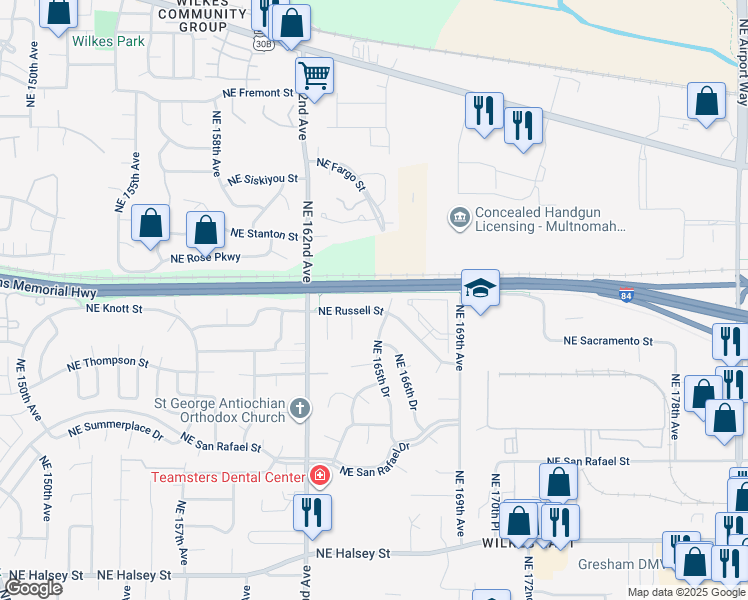 map of restaurants, bars, coffee shops, grocery stores, and more near 16451 Northeast Russell Street in Portland