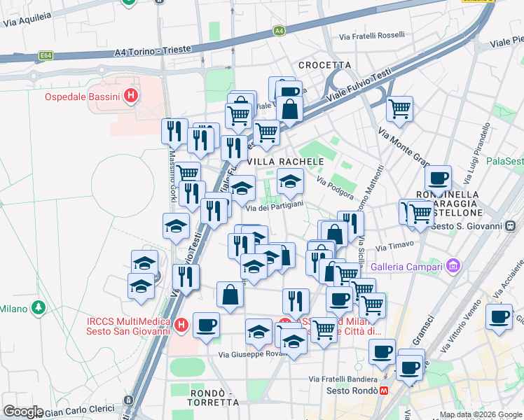 map of restaurants, bars, coffee shops, grocery stores, and more near 116 Via dei Partigiani in Cinisello Balsamo