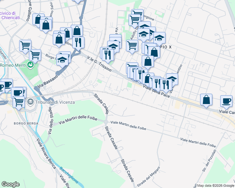 map of restaurants, bars, coffee shops, grocery stores, and more near 82 Via Domenico Pittarini in Vicenza