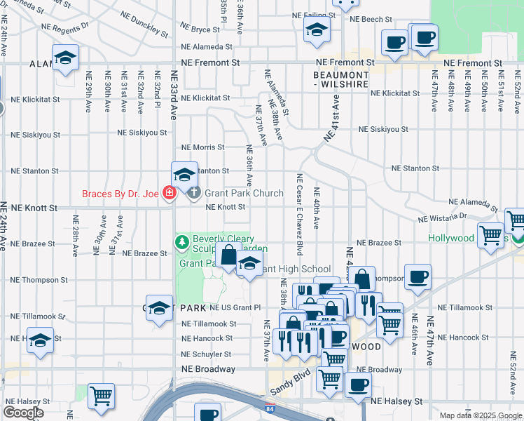 map of restaurants, bars, coffee shops, grocery stores, and more near 2645 Northeast 37th Avenue in Portland