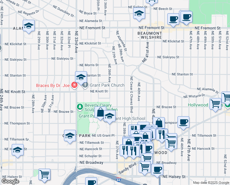 map of restaurants, bars, coffee shops, grocery stores, and more near 2645 Northeast 37th Avenue in Portland