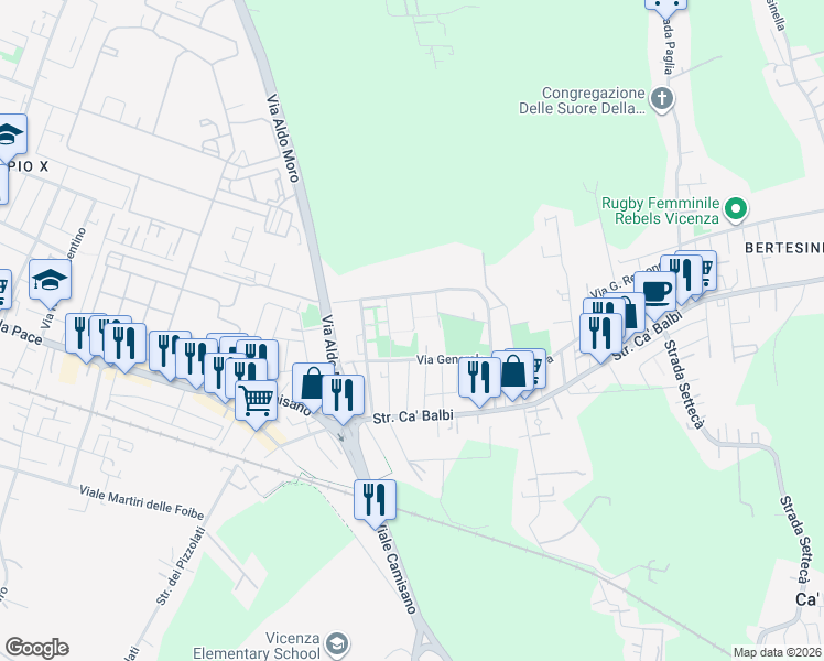 map of restaurants, bars, coffee shops, grocery stores, and more near 235 Via Generale Carlo Alberto dalla Chiesa in Vicenza