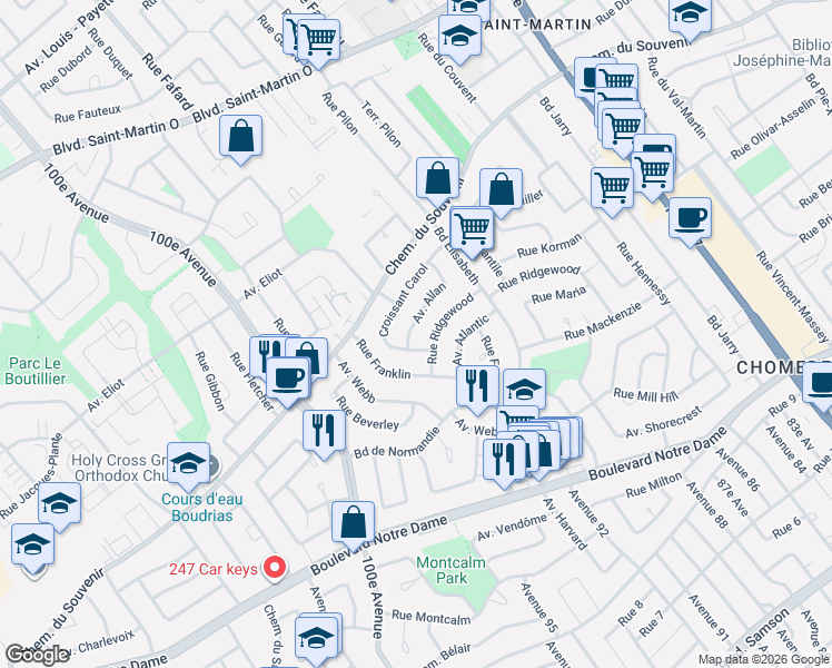 map of restaurants, bars, coffee shops, grocery stores, and more near 1384 Avenue Allan in Laval