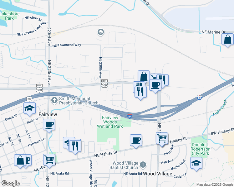 map of restaurants, bars, coffee shops, grocery stores, and more near 23200 Northeast Sandy Boulevard in Wood Village