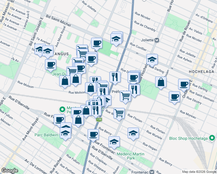 map of restaurants, bars, coffee shops, grocery stores, and more near 3043 Rue Sherbrooke Est in Montréal