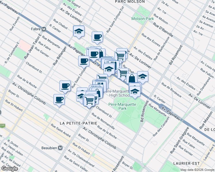 map of restaurants, bars, coffee shops, grocery stores, and more near 1550 Rue Beaubien Est in Montréal