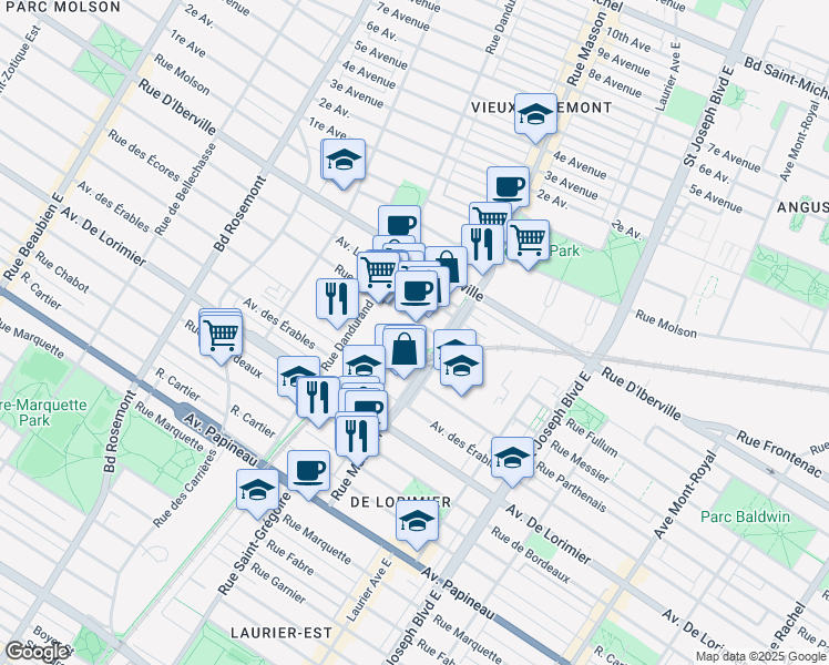 map of restaurants, bars, coffee shops, grocery stores, and more near 2177 Rue Masson in Montréal