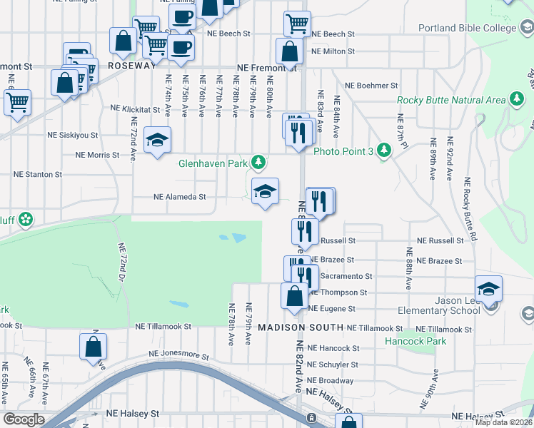 map of restaurants, bars, coffee shops, grocery stores, and more near 2735 Northeast 82nd Avenue in Portland