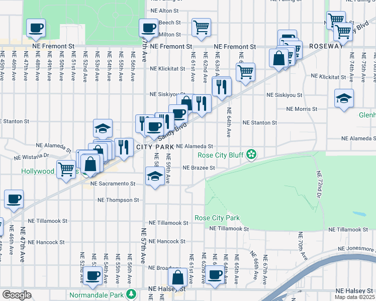 map of restaurants, bars, coffee shops, grocery stores, and more near 2535 Northeast 61st Avenue in Portland