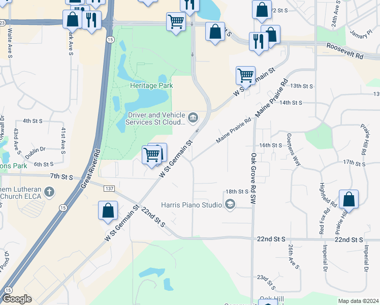 map of restaurants, bars, coffee shops, grocery stores, and more near 3346 West Street Germain Street in St. Cloud