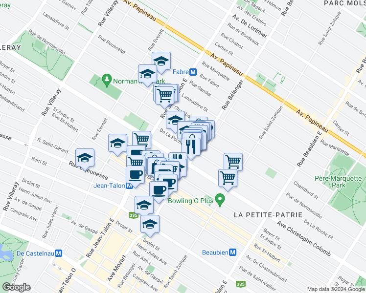 map of restaurants, bars, coffee shops, grocery stores, and more near 7010 Rue de la Roche in Montréal