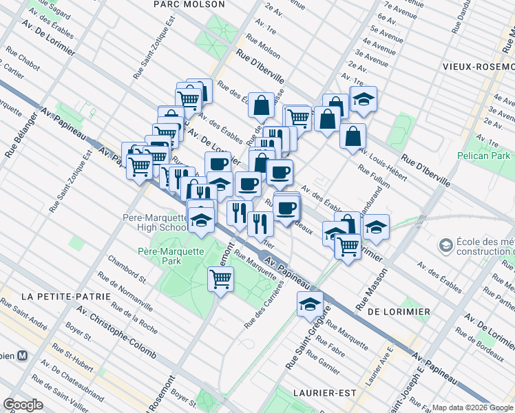 map of restaurants, bars, coffee shops, grocery stores, and more near 1970 Boulevard Rosemont in Montréal