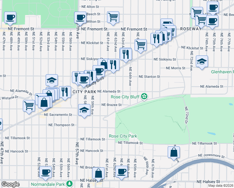 map of restaurants, bars, coffee shops, grocery stores, and more near 2539 Northeast 62nd Avenue in Portland
