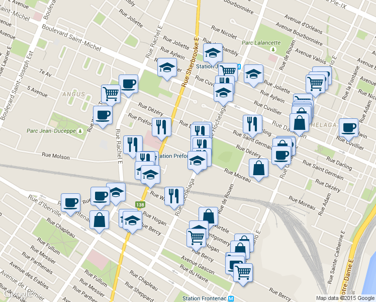 map of restaurants, bars, coffee shops, grocery stores, and more near 2565 Rue Moreau in Montréal