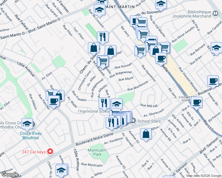 map of restaurants, bars, coffee shops, grocery stores, and more near 1404 Boulevard Élisabeth in Laval