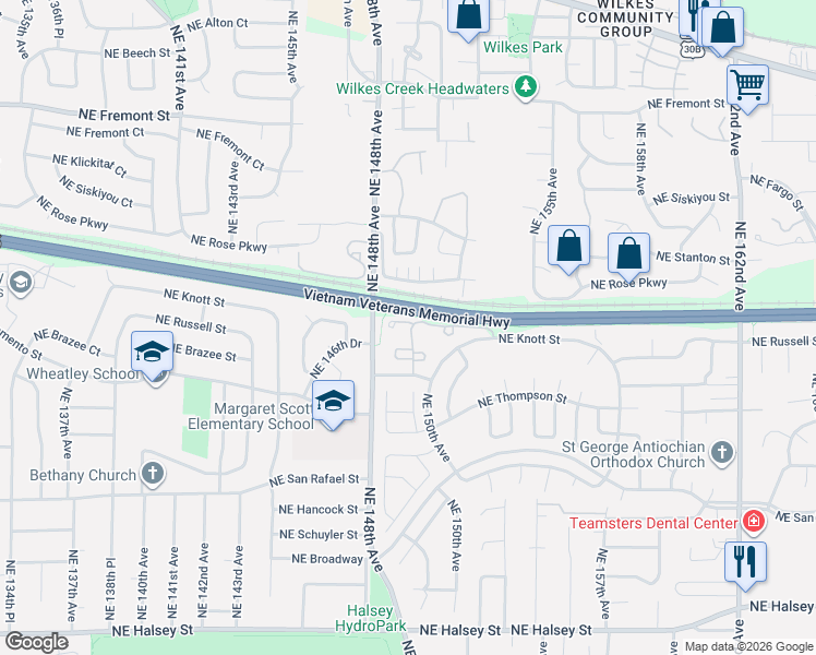 map of restaurants, bars, coffee shops, grocery stores, and more near 14859 Northeast Sacramento Street in Portland