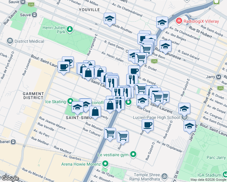 map of restaurants, bars, coffee shops, grocery stores, and more near 8780 Boulevard Saint-Laurent in Montréal