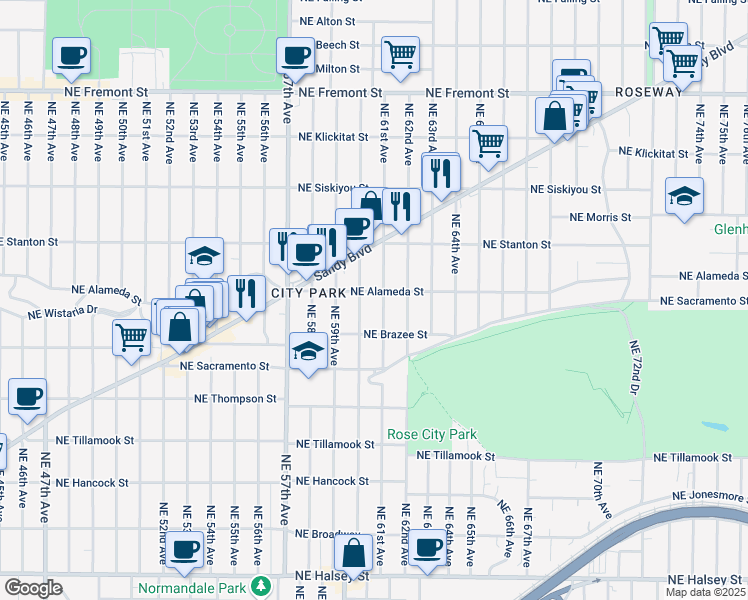 map of restaurants, bars, coffee shops, grocery stores, and more near 2535 Northeast 61st Avenue in Portland