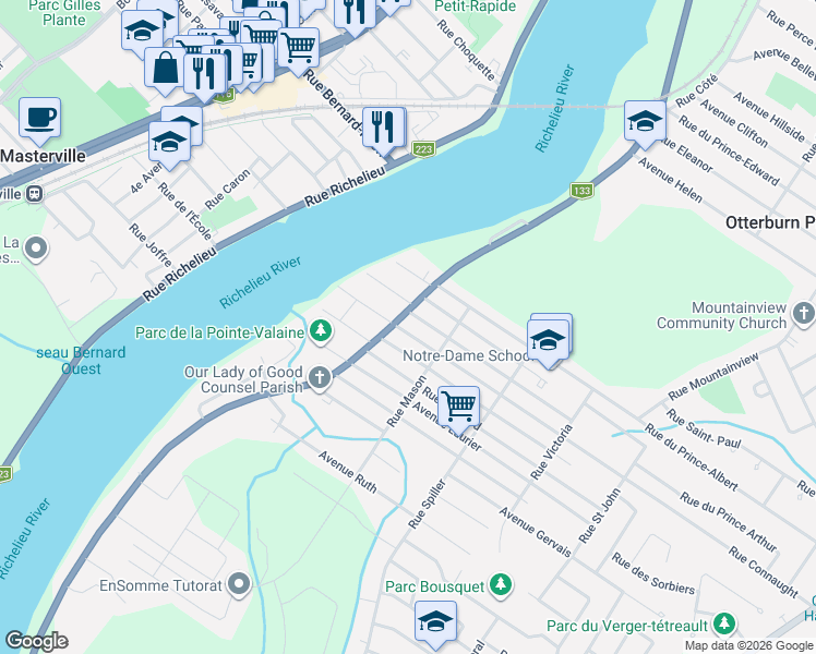 map of restaurants, bars, coffee shops, grocery stores, and more near 864 Chemin des Patriotes in Otterburn Park