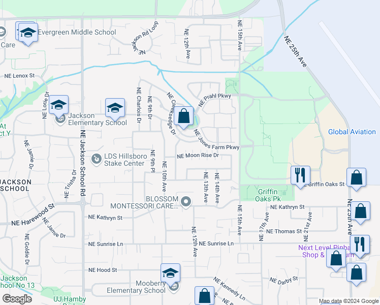 map of restaurants, bars, coffee shops, grocery stores, and more near 2413 Northeast 12th Way in Hillsboro