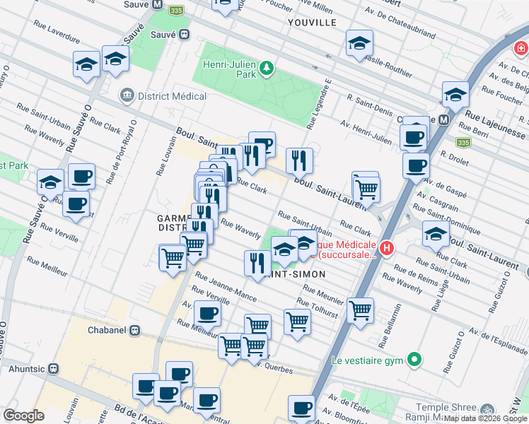 map of restaurants, bars, coffee shops, grocery stores, and more near 9130 Rue Saint-Urbain in Montréal