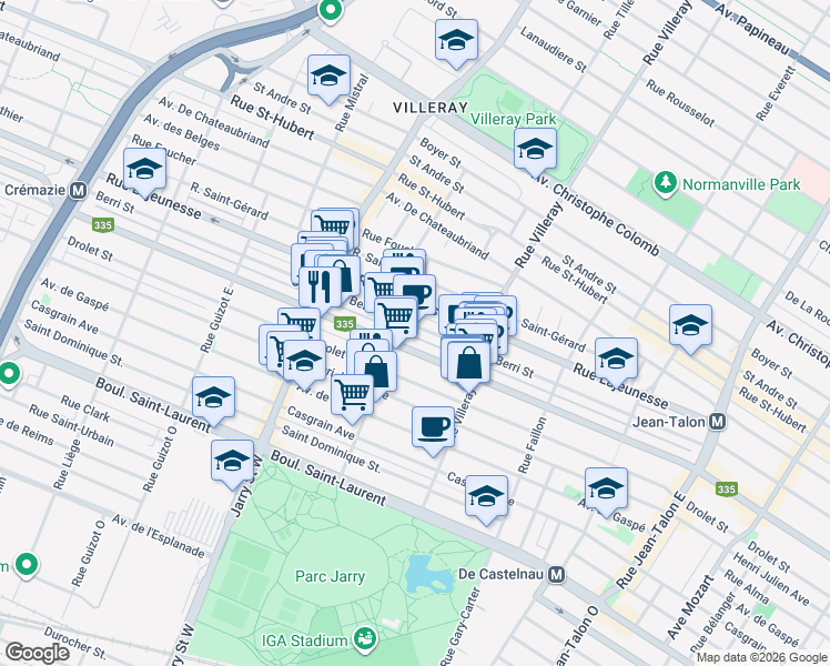 map of restaurants, bars, coffee shops, grocery stores, and more near 7880 Rue Berri in Montréal