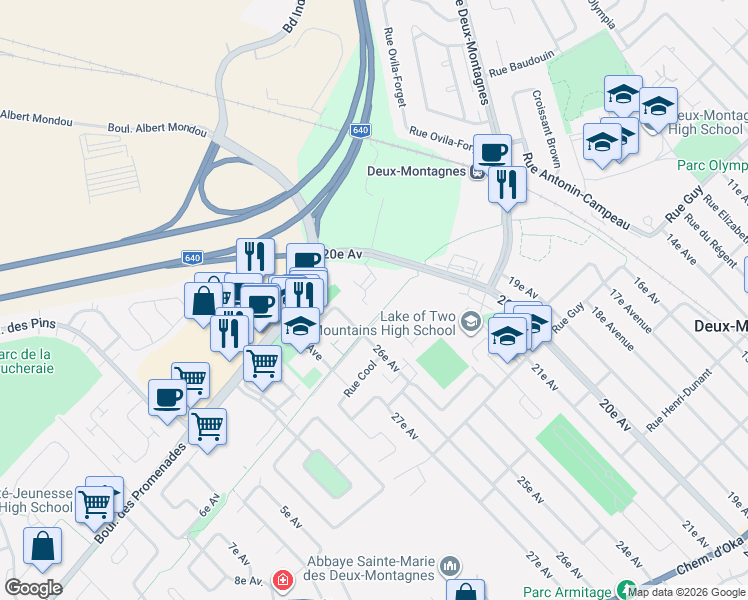 map of restaurants, bars, coffee shops, grocery stores, and more near 300 Rue des Manoirs in Deux-Montagnes