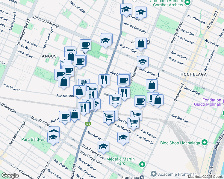 map of restaurants, bars, coffee shops, grocery stores, and more near 2620 Rue Moreau in Montreal