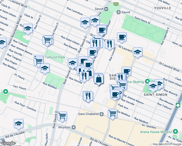 map of restaurants, bars, coffee shops, grocery stores, and more near in Montreal