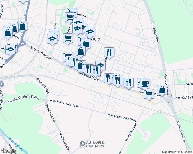 map of restaurants, bars, coffee shops, grocery stores, and more near 224 Viale della Pace in Vicenza