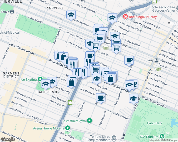 map of restaurants, bars, coffee shops, grocery stores, and more near in Montreal