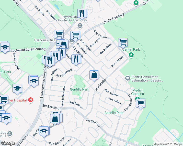 map of restaurants, bars, coffee shops, grocery stores, and more near 1796 Rue Bougainville in Longueuil