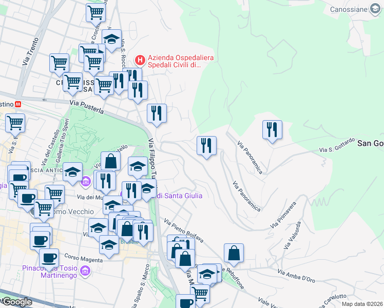 map of restaurants, bars, coffee shops, grocery stores, and more near 18 Via Panoramica dei Ronchi in Brescia