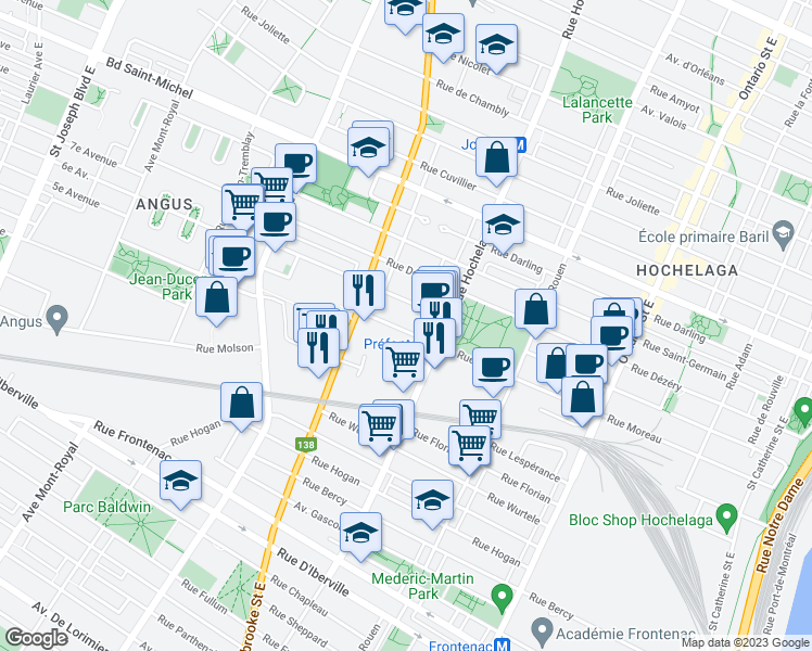 map of restaurants, bars, coffee shops, grocery stores, and more near 2569 Rue Moreau in Montréal