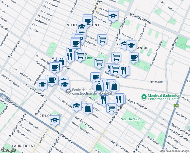 map of restaurants, bars, coffee shops, grocery stores, and more near 2530 Place Michel-Brault in Montreal