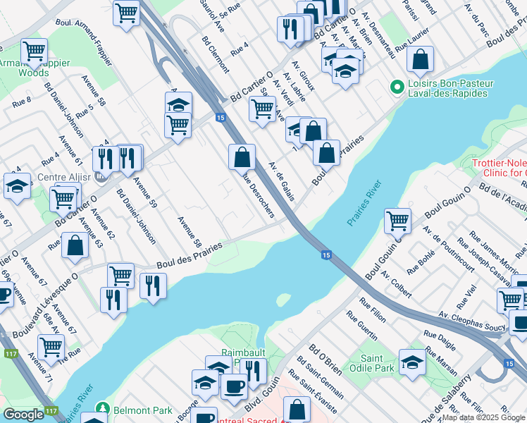 map of restaurants, bars, coffee shops, grocery stores, and more near 22 Rue Desrochers in Laval