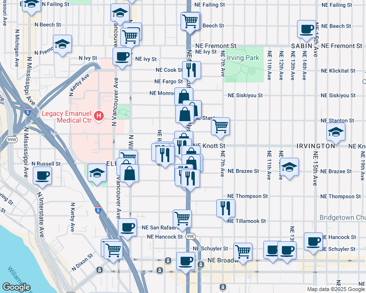 map of restaurants, bars, coffee shops, grocery stores, and more near 305 Northeast Russell Street in Portland