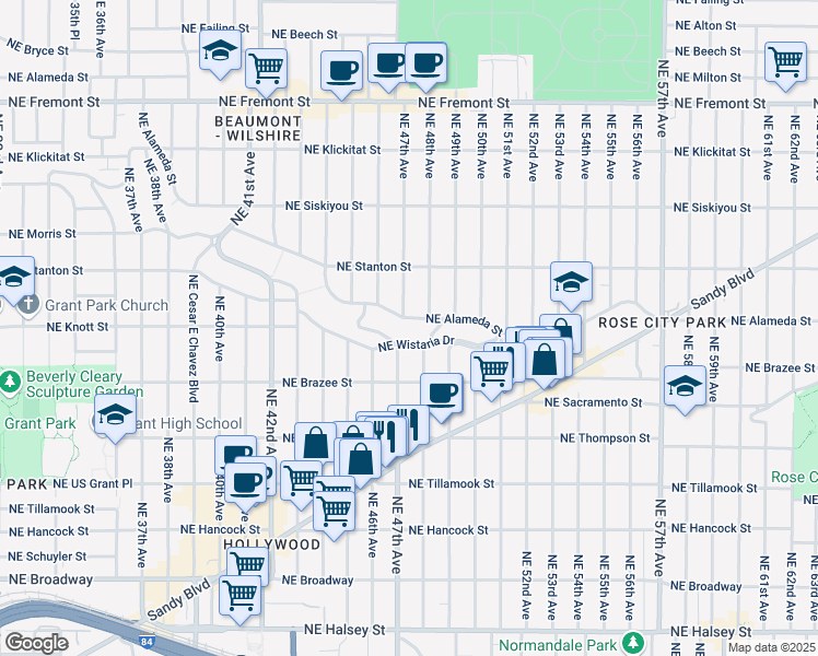 map of restaurants, bars, coffee shops, grocery stores, and more near 4722 Northeast Wistaria Drive in Portland